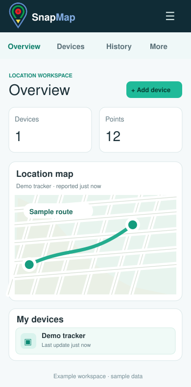 Example SnapMap mobile workspace showing overview, sample route, and a device card